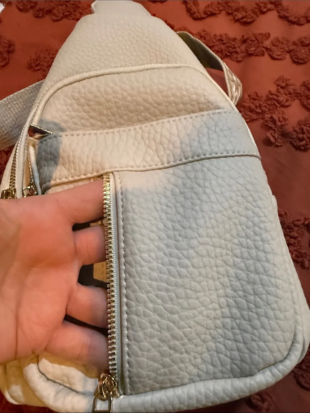 White Leather Crossbody Sling Bag with Patterned Strap